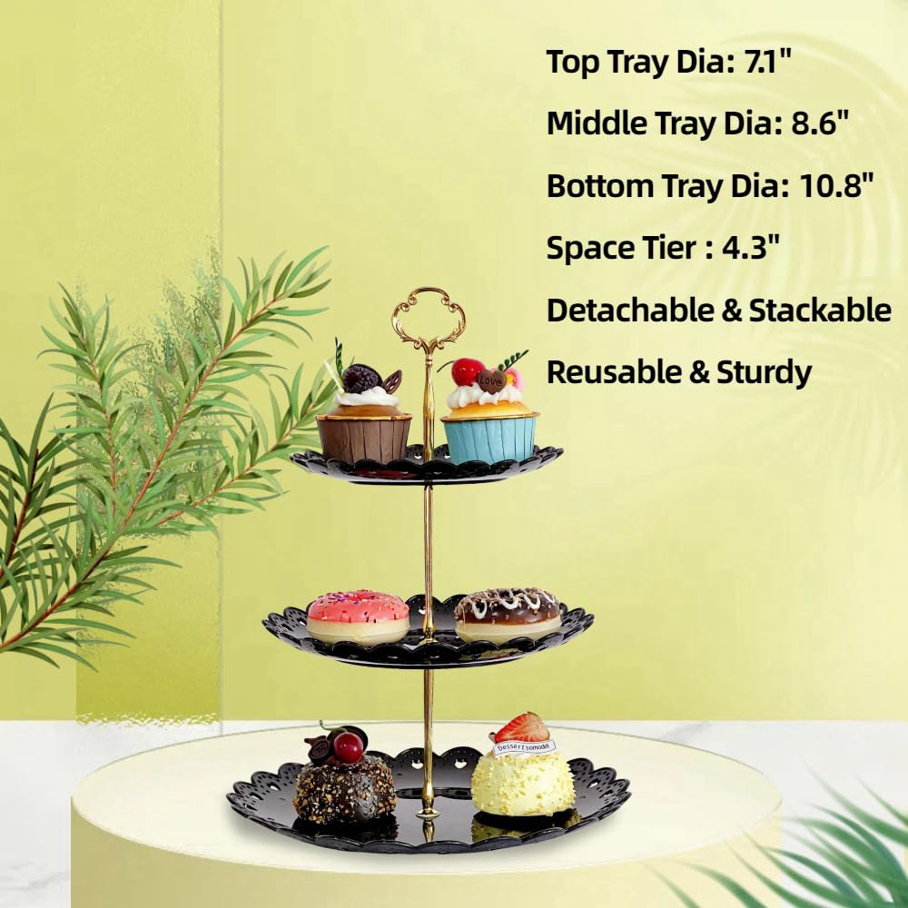 RAUVOLFIA 2 Pack of Large Round & Square Dessert Cupcake Stand, 3 Tier Cup Cake Holder Tower for Tea Party/Birthday/Wedding, Plastic Tiered Serving Tray (Black)