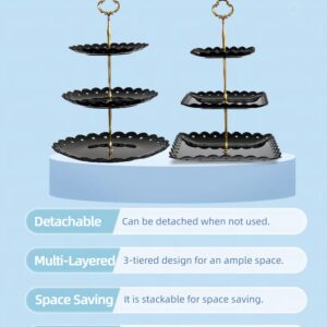 RAUVOLFIA 2 Pack of Large Round & Square Dessert Cupcake Stand, 3 Tier Cup Cake Holder Tower for Tea Party/Birthday/Wedding, Plastic Tiered Serving Tray (Black)