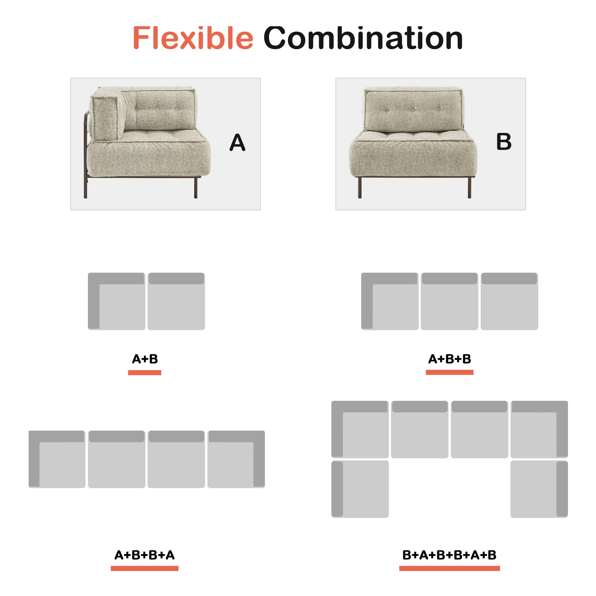 MCombo Modular Sofa Couch with Removable Cushion, 2 Seaters Accent Sofa Chair for Living Room, Apartment, Office 4663+4644 (Ivory)