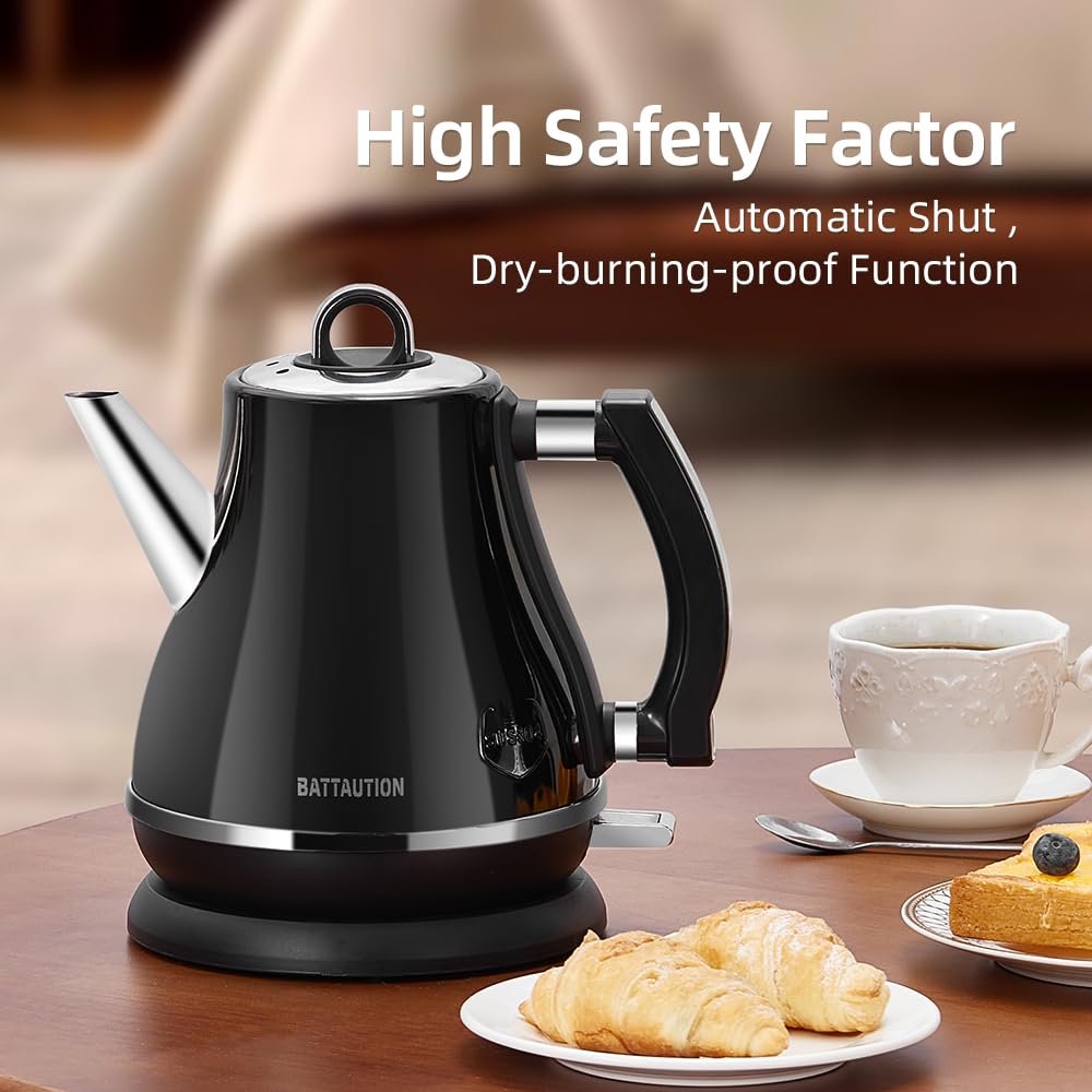 Electric Kettle, 1.2 Liter 1000W Small Hot water Kettle Electric with 100% 304 Stainless Steel Auto-shut off and Boil Dry Protection and fast-heating Electric Tea Coffee Kettle Black Color