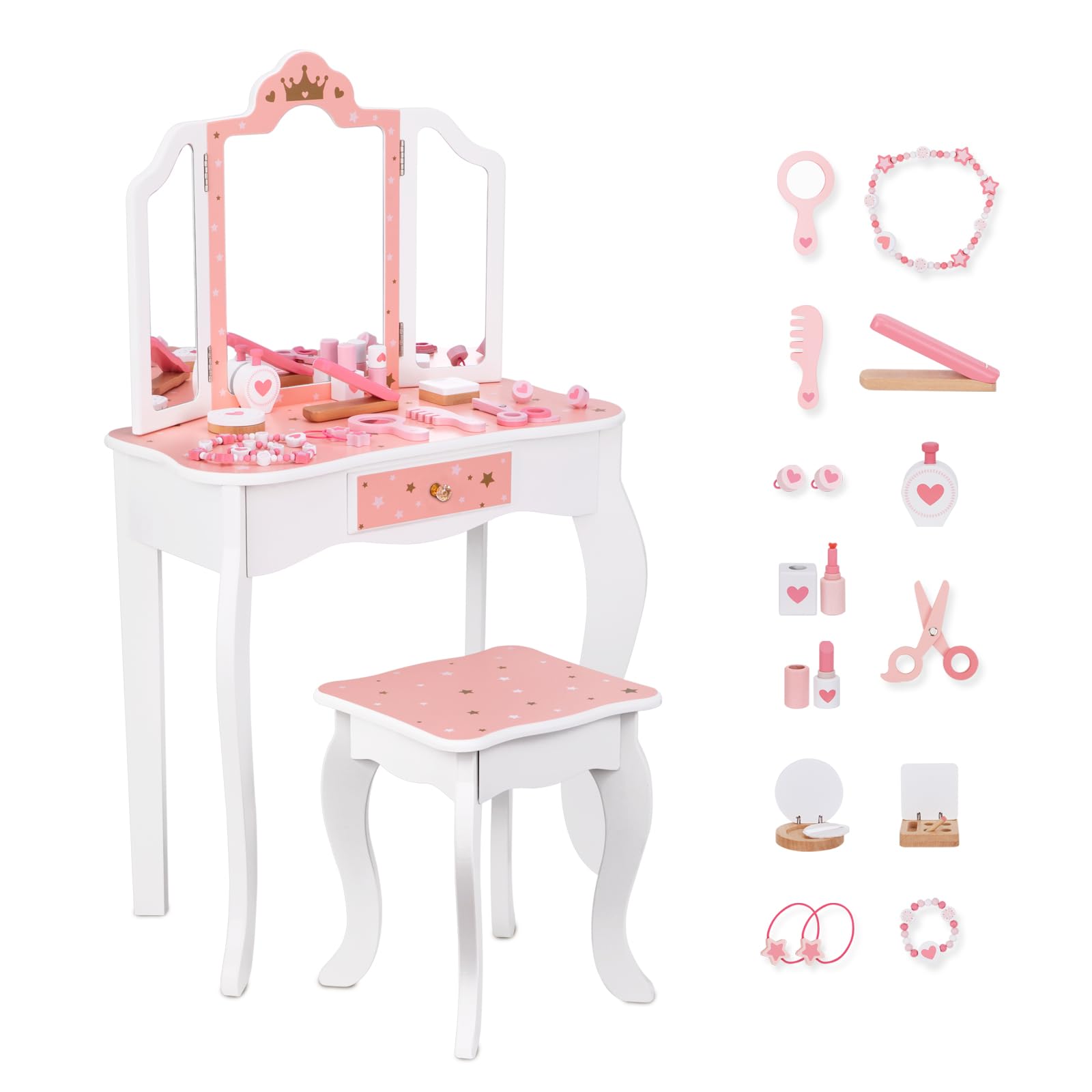 OOOK Kids Vanity Set, Girls Vanity Set with Mirror and Stool, Makeup Vanity Dressing Table for Kids, Premium Child Vanity Set as Gift, Wooden Pretend Kids Vanity Set for Little Princess.