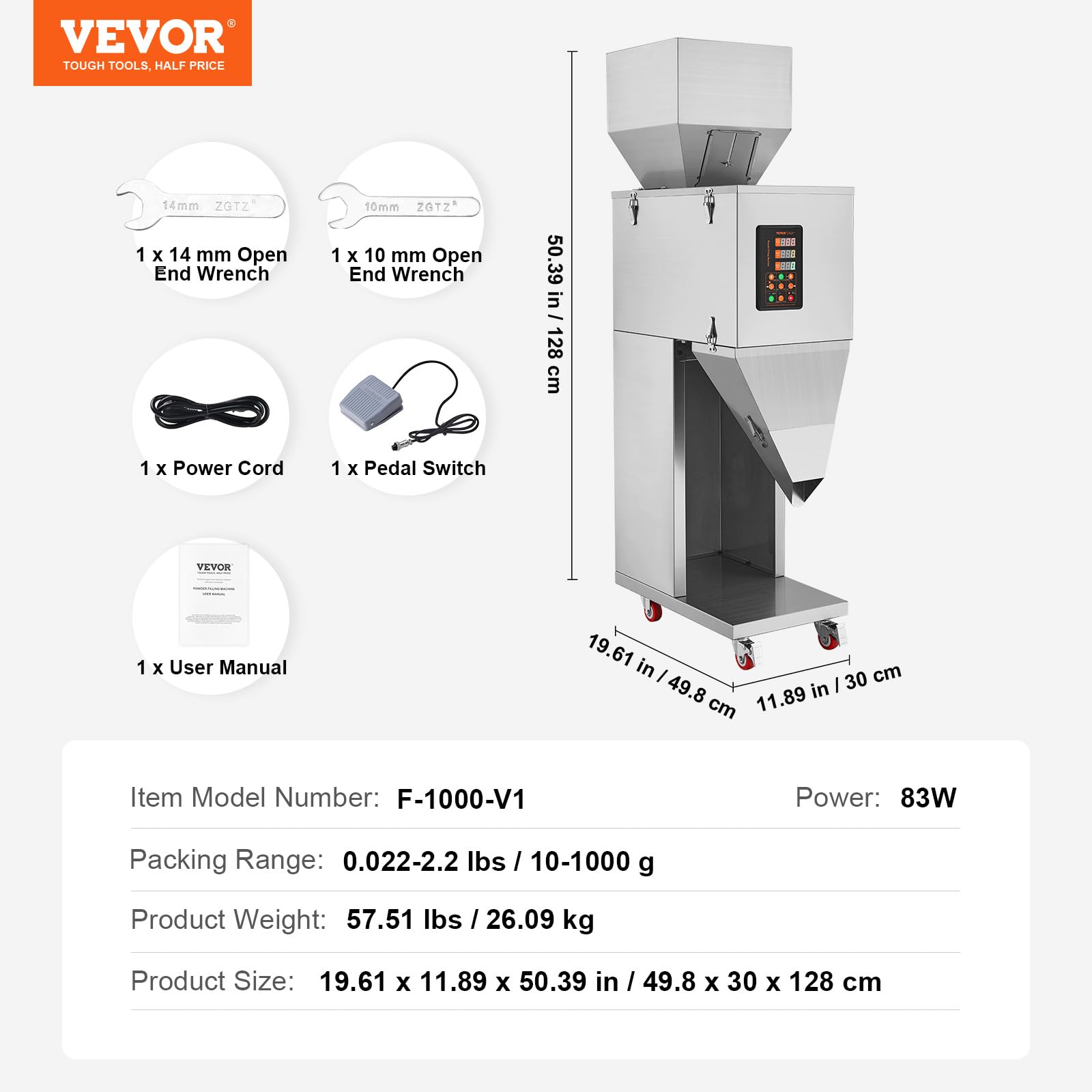 VEVOR Particle Filling Machine, 0.022-2.2 lbs/10-1000g, Automatic Filler Machine with Foot Pedal, Stainless Steel Weighing Filling Machine, Weigh Filler for Beans Seeds Grains Tea Granular Packing