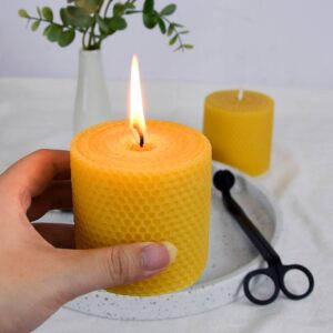 Beeswax Pillar Candles, 3x3 in Hand-Rolled Honeycomb Candle 2 Pack - Dripless and Smokeless, Approx 12 Hours Burn Time for Home Decor Party Wedding Dinner