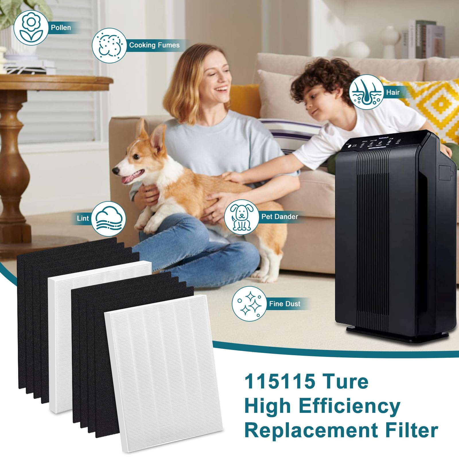 True High Efficiency C535 Replacement 115115 Filter A Compatible with Winix PlasmaWave C535, 5300-2, 6300-2, 5300, 6300, P300, AM90, 9000, 5000, 5000B, C909, 9800, 2 x Filters + 8 x Carbon Pre-Filters