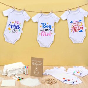 Panitay 126 Pcs DIY Baby Bodysuit Baby Shower Set Rustic Kraft Baby Shower Game Sign DIY Baby Bibs 25 Blank White Newborn Bodysuit 25 Fabric Marker 25 Stencils 24 Markers 1 Sign for Gender Reveal