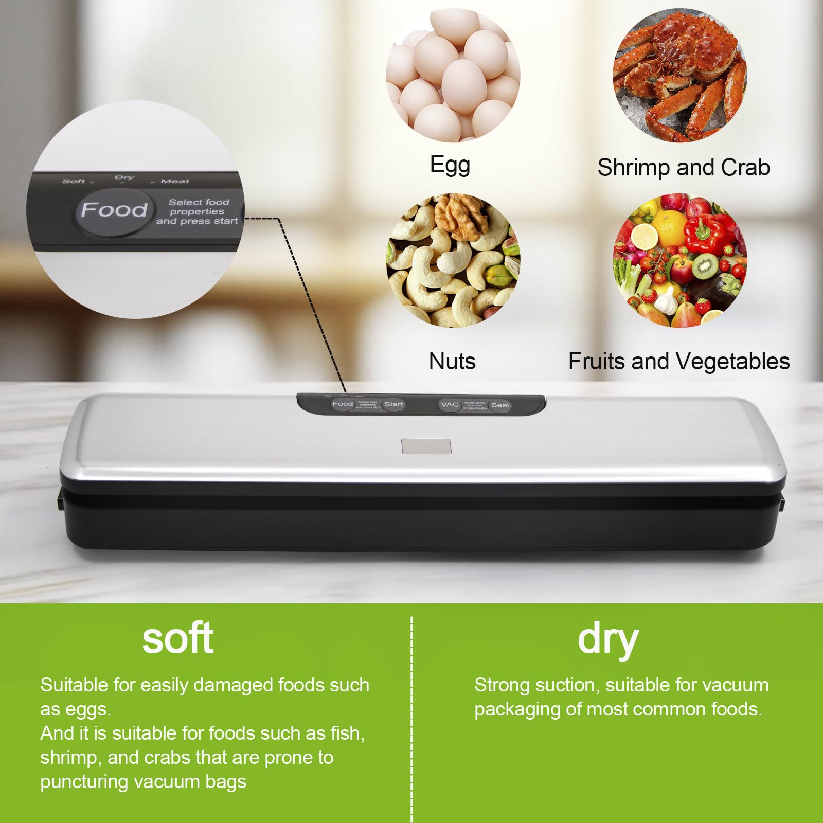 Flyfox Vacuum Sealer Machine - Strong, Multi-functional, and Fast Compact for Multi Food Storage with Low Noise, includes Vac, Sealer, Meat, Dry, Soft, 5 Modes with Vacuum Seal Bags