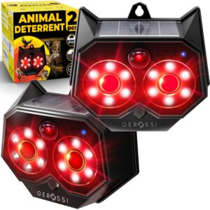 upgraded animal deterrent 2 pack - solar powered design w/motion activated predator eyes - effective repellent device for coyote, deer, fox, raccoon - predator lights for chicken coop, farm, yard