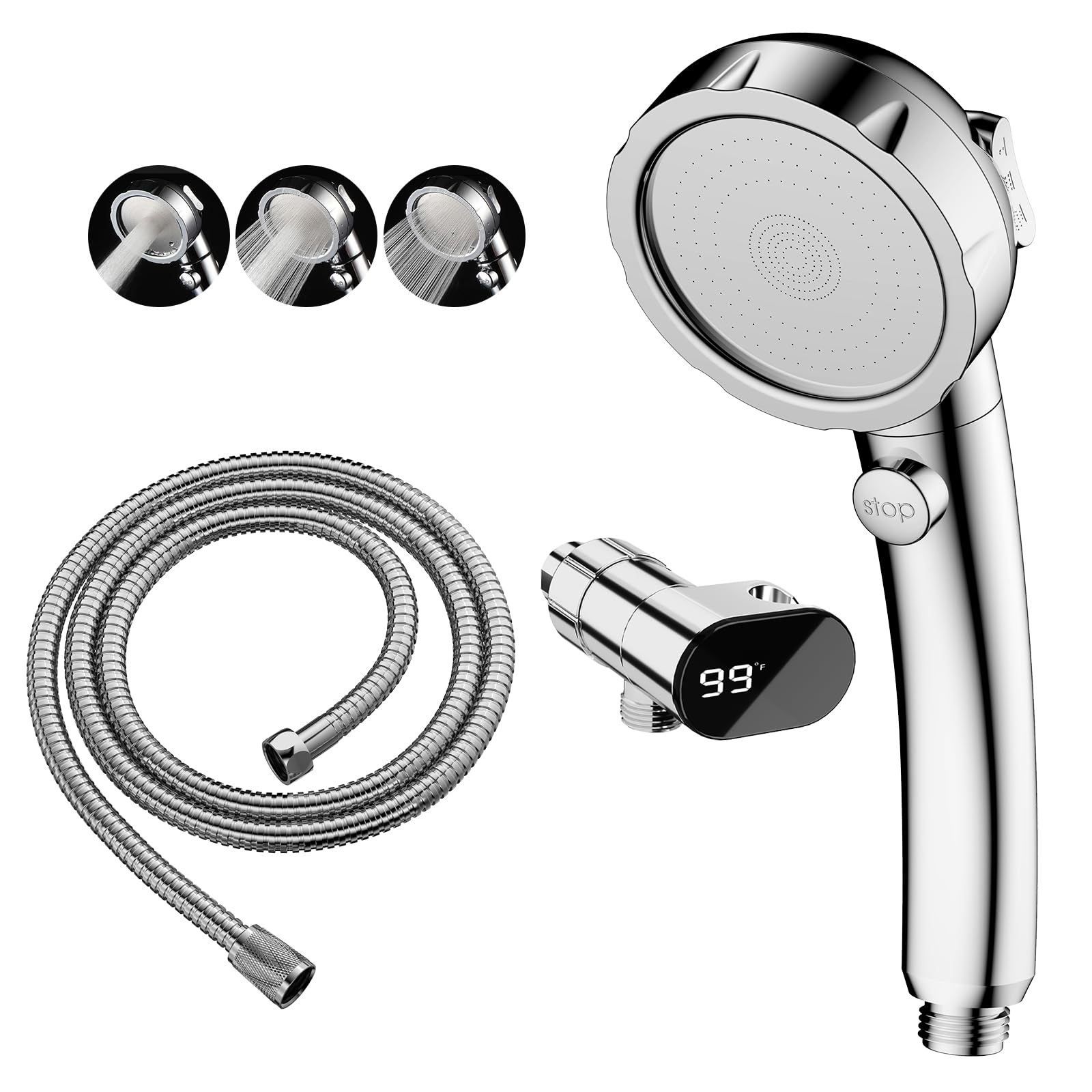 KAIYING High Pressure Shower Heads with Shower Thermometer, 3 Spray Hand Held Shower Head with On Off Switch, Detachable RV Shower with Hose and LED Temperature Display Bracket, Chrome