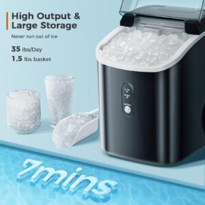 AGLUCKY Nugget Ice Maker Countertop,35lbs/24H,Portable Pebble Ice Machine with Handle,Self-Cleaning Function,Pellet Ice Maker for Home/Kitchen/Office(Black)