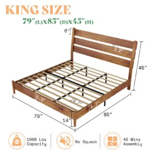 AMERLIFE King Size Solid Wood Bed Frame, Mid Century Platform Bed with Reclining Slatted Headboard, Wood Slat Support,No Box Spring Needed, Noise Free, Light Brown