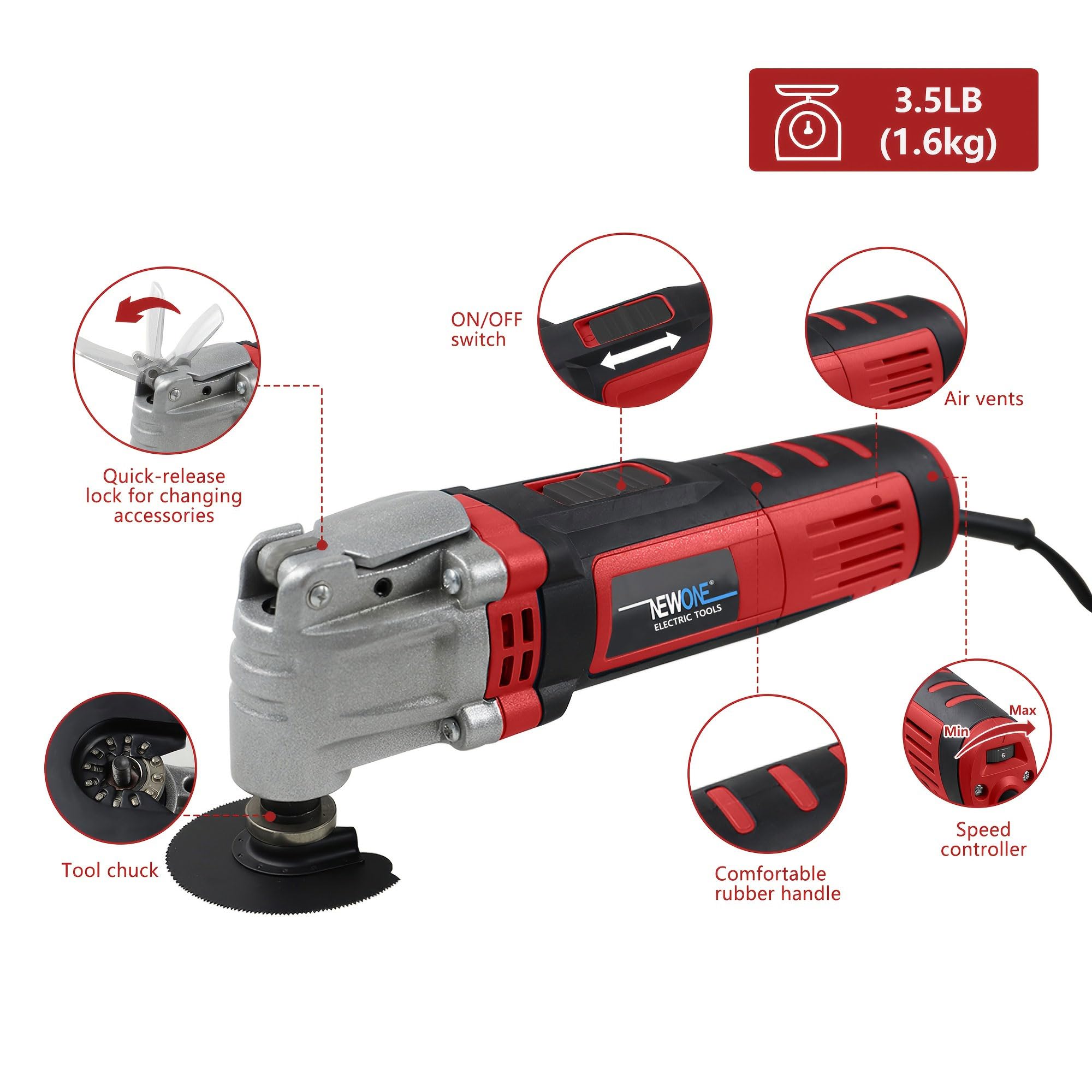 NEWONE Oscillating Tool 4 Amp Oscillating Multi-Tool Kit with 4° Oscillation Angle,6 Variable Speed with 5-piece Electric Multitool Blades & Box