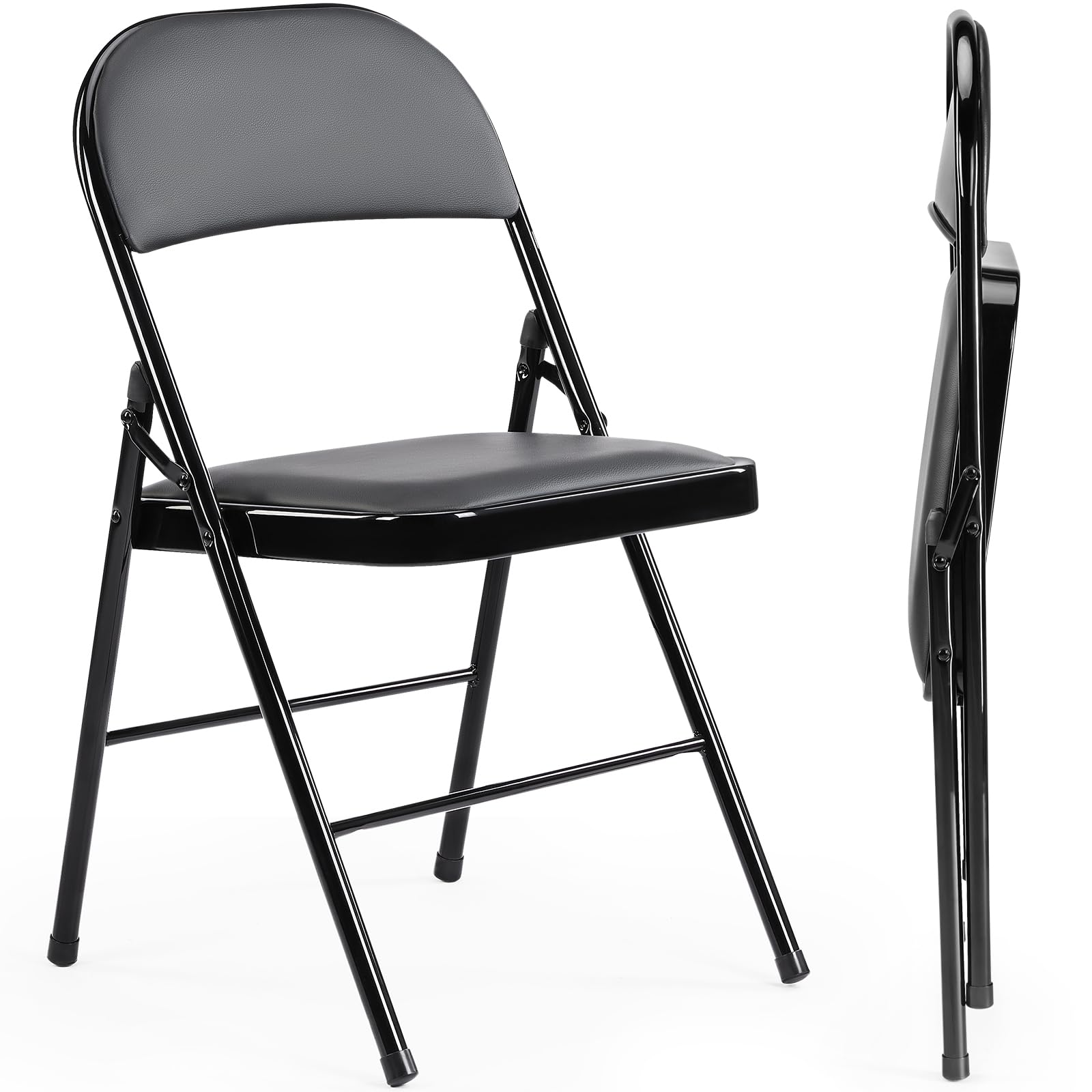 Sweetcrispy Folding Chair 2 Pack, Leather Padded Folding Chairs, Sturdy Metal Foldable Chairs, Easy to Use and Store, Outdoor and Indoor, for Home, Office, Party, Comfy, Black