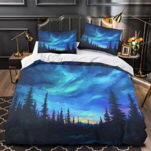 MIMIBEDDING Northern Lights for Boys Girls Comforter Covers 3D Print Blue Quilt Cover Duvet Cover with Pillow Cases Bedding Set Soft Microfiber with Zipper Closure 3 Pieces Queen（228x228cm）