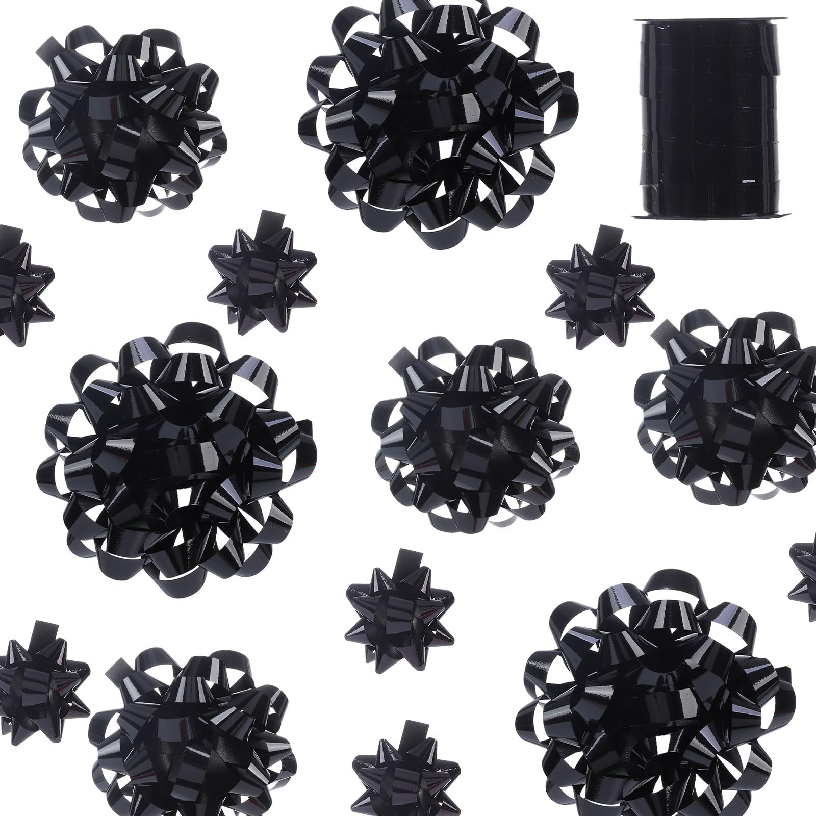 25 Pcs Gift Bows Assortment - 3 Size Gift Bowsand 1 Crimped Curling Ribbons, Perfect for Christmas, Holiday，Birthdays, Weddings, Baby/Bridal Showers, Party (Black)