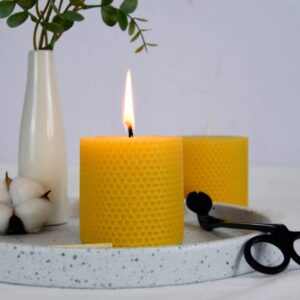 Beeswax Pillar Candles, 3x3 in Hand-Rolled Honeycomb Candle 2 Pack - Dripless and Smokeless, Approx 12 Hours Burn Time for Home Decor Party Wedding Dinner