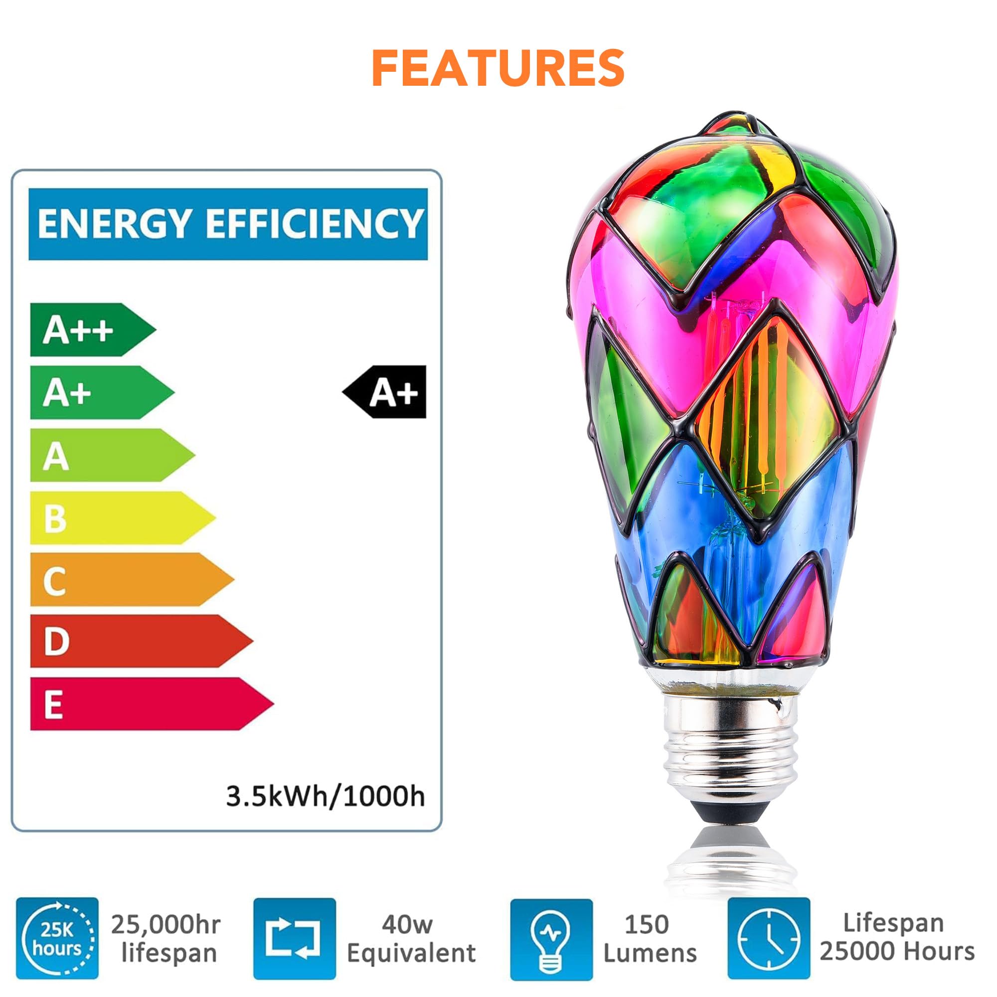 Tidorlou 2 Pack Stained Glass LED Light Bulb, Dimmable E26 Medium Base, A60/ ST64 3.5W LED Bulb for Home Party, Balcony, Garden, Christmas Decoration (ST65)