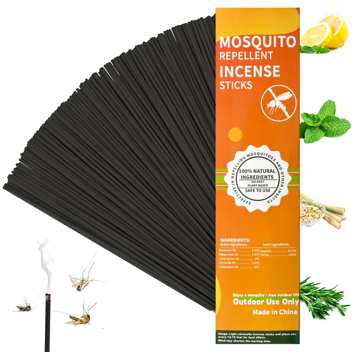 120 Pack Mosquito Repellent Sticks, Deet Free Citronella Incense Sticks Plant-Based, for Outdoor Indoor Use During Patio, Camping Trips, Picnics, Backyards Activities, Long Lasting Bug Protection