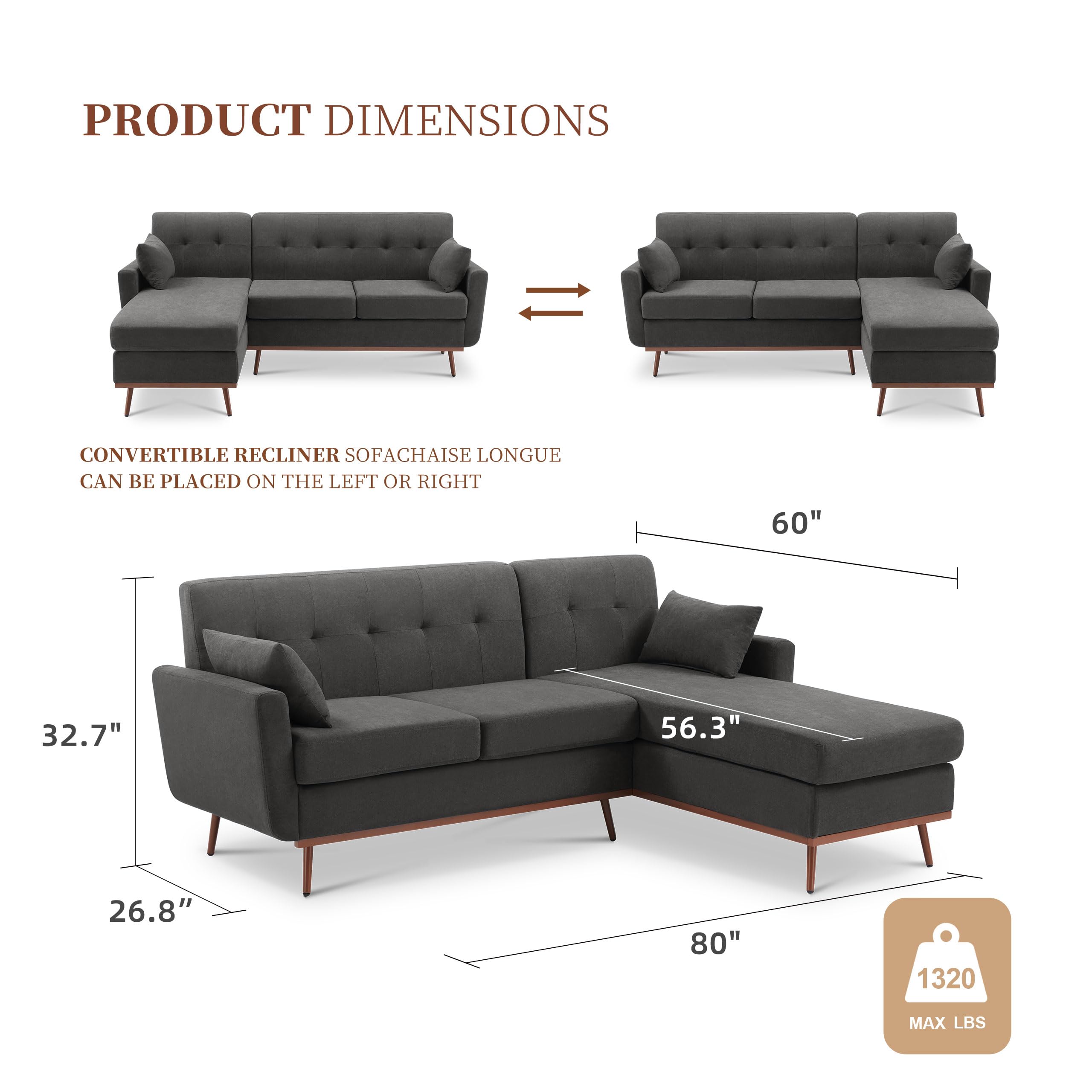 Weture 80" L Shape Couch with Extended Convertible Chaise, Comfy Sectional Couches for Living Room, 3 Seater Couch L Shaped Sofa for Small Spaces(Linen-Dark Grey)