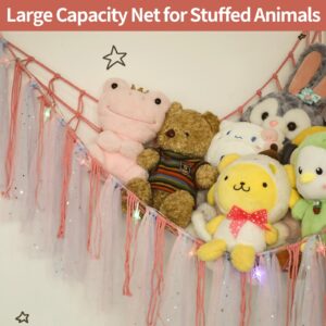 YELIENM Stuffed Animals Net or Hammock with LED Light, 59 inch Toy Hammock Net for Stuffed Animals Corner Hanging Stuffed Animal Storage Stuffed Animal Holder for Nursery Kids Bedroom… (Dark Pink)