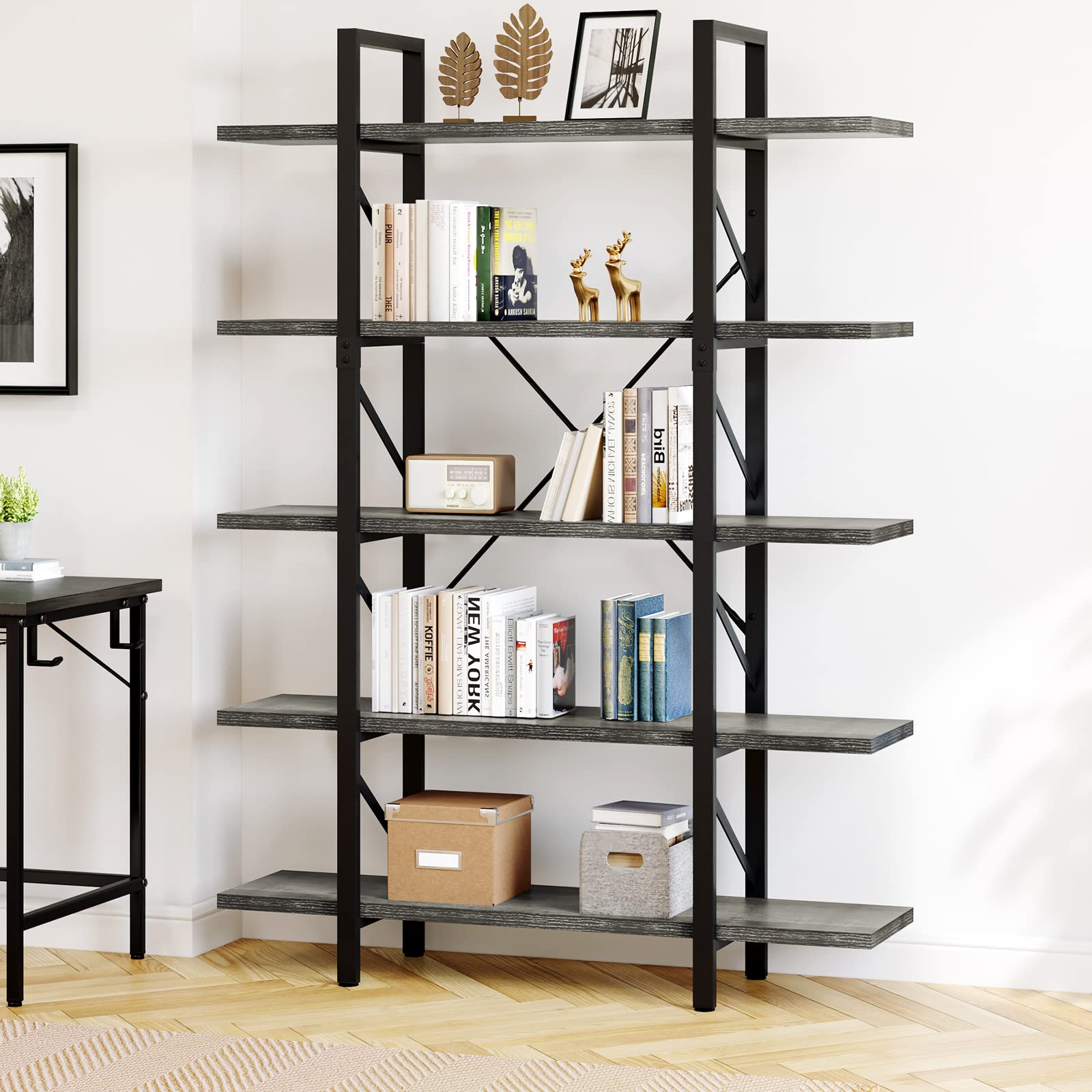 YITAHOME 5 Tier Bookshelf, 70.9" Tall Industrial Bookcase, Wide Open Display Storage Book Shelf for Living Room/Bedroom/Home/Office, Charcoal Gray