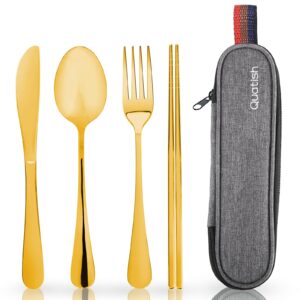 travel utensils with case, quatish portable silverware set for work, stainless steel reusable travel cutlery set, fork and spoon set for camping, picnic, gadgets, lunch box for men, gold