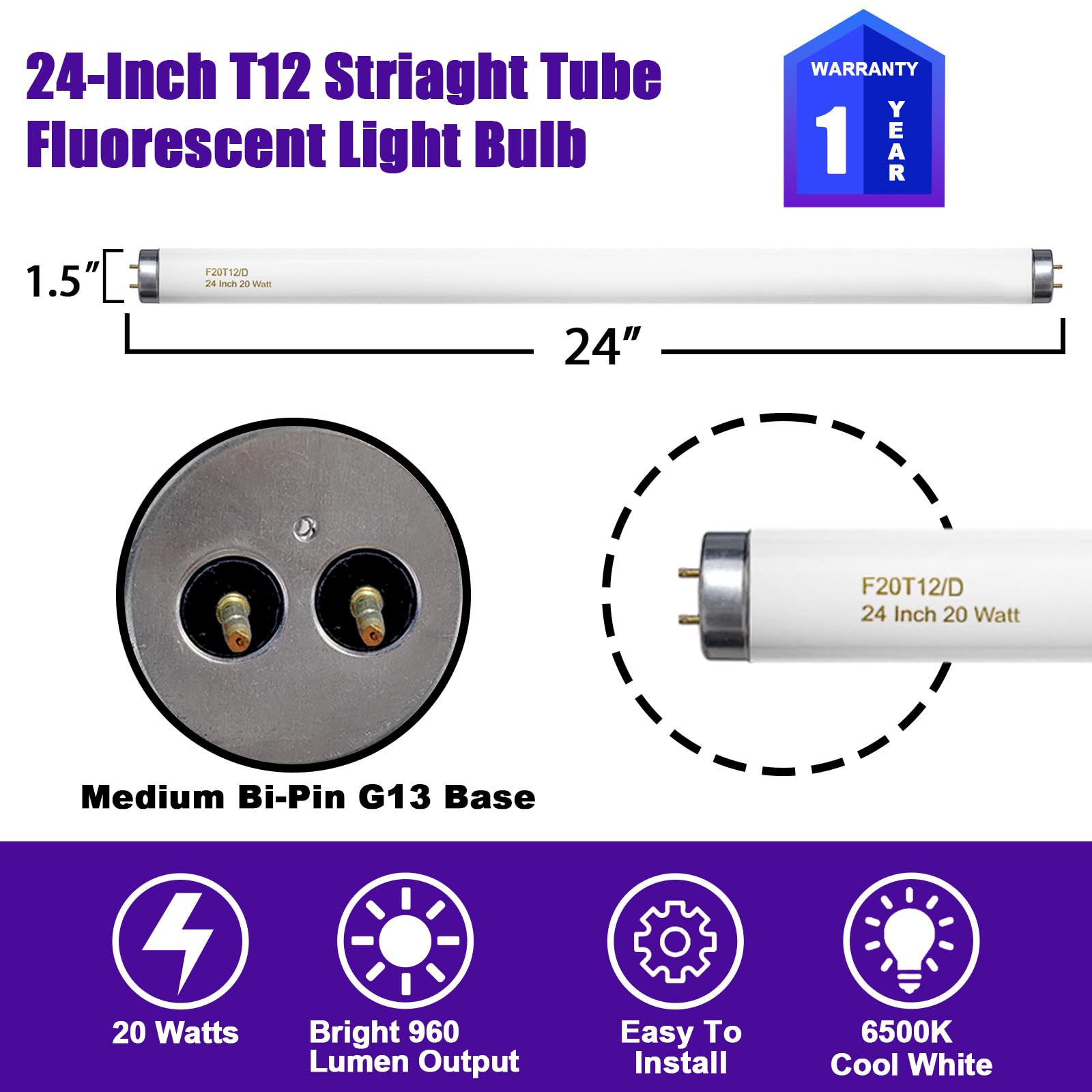 Konideke T12 Fluorescent Tube Light Bulb 20 Watt Daylight, F20T12/D Replacement for 79042 F20T12/SUN/ECO F20T12/D/ECO 273284 F20T12/D/ALTO 1100 Lumen G13 Base 24 24 Inch 4 Count