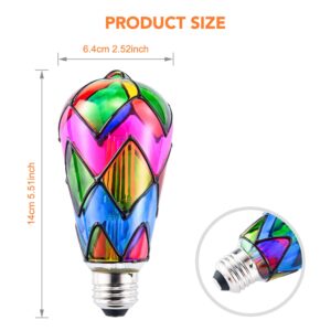 Tidorlou 2 Pack Stained Glass LED Light Bulb, Dimmable E26 Medium Base, A60/ ST64 3.5W LED Bulb for Home Party, Balcony, Garden, Christmas Decoration (ST65)