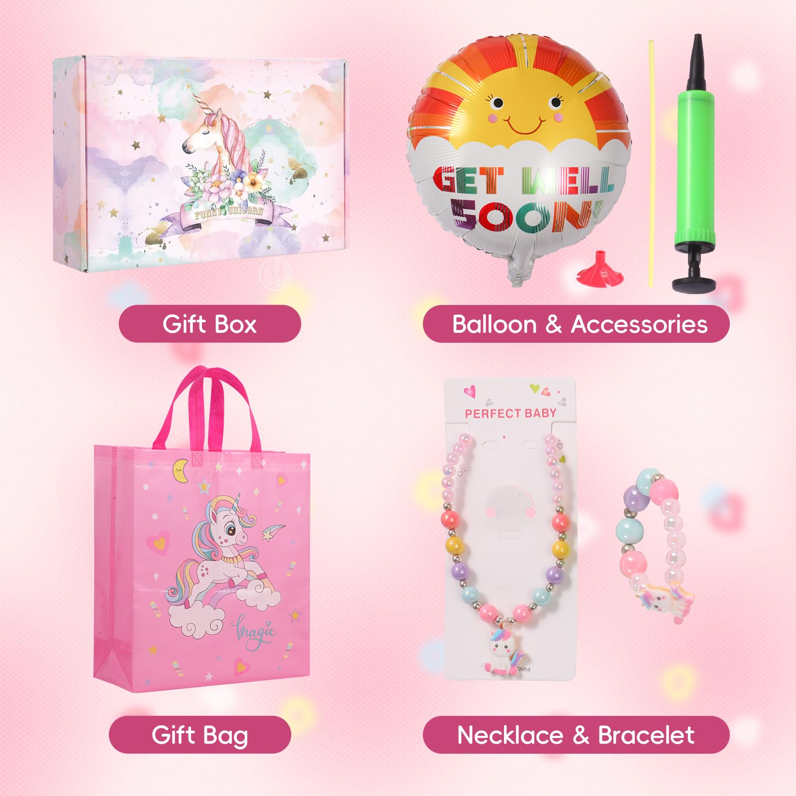 Get Well Soon Gift for Kids, Feel Better Gifts for Kids, Kids Get Well Baskets Care Package Box with Balloon, Necklace, Bracelet & Unicorn Plush Pillow, Get Well Gifts for Girls after Surgery