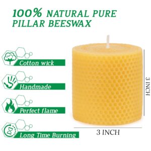 Beeswax Pillar Candles, 3x3 in Hand-Rolled Honeycomb Candle 2 Pack - Dripless and Smokeless, Approx 12 Hours Burn Time for Home Decor Party Wedding Dinner