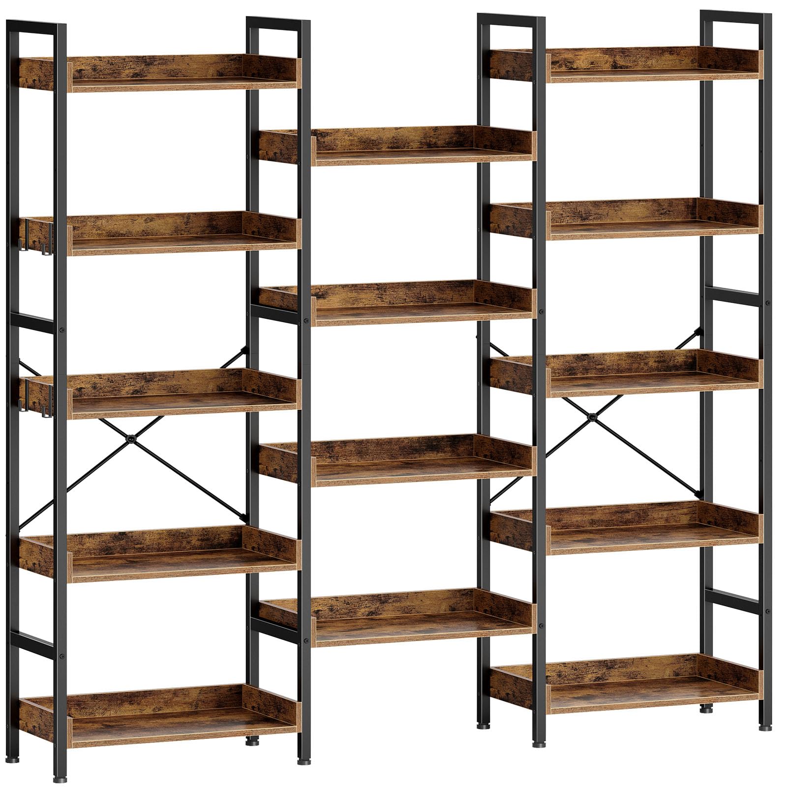 Rolanstar Bookshelf 5 Tiers with 4 Hooks, Triple Bookcase with Open Display Shelves, Industrial Wide Bookshelf with Metal Frame for Living Room, Office, Rustic Brown