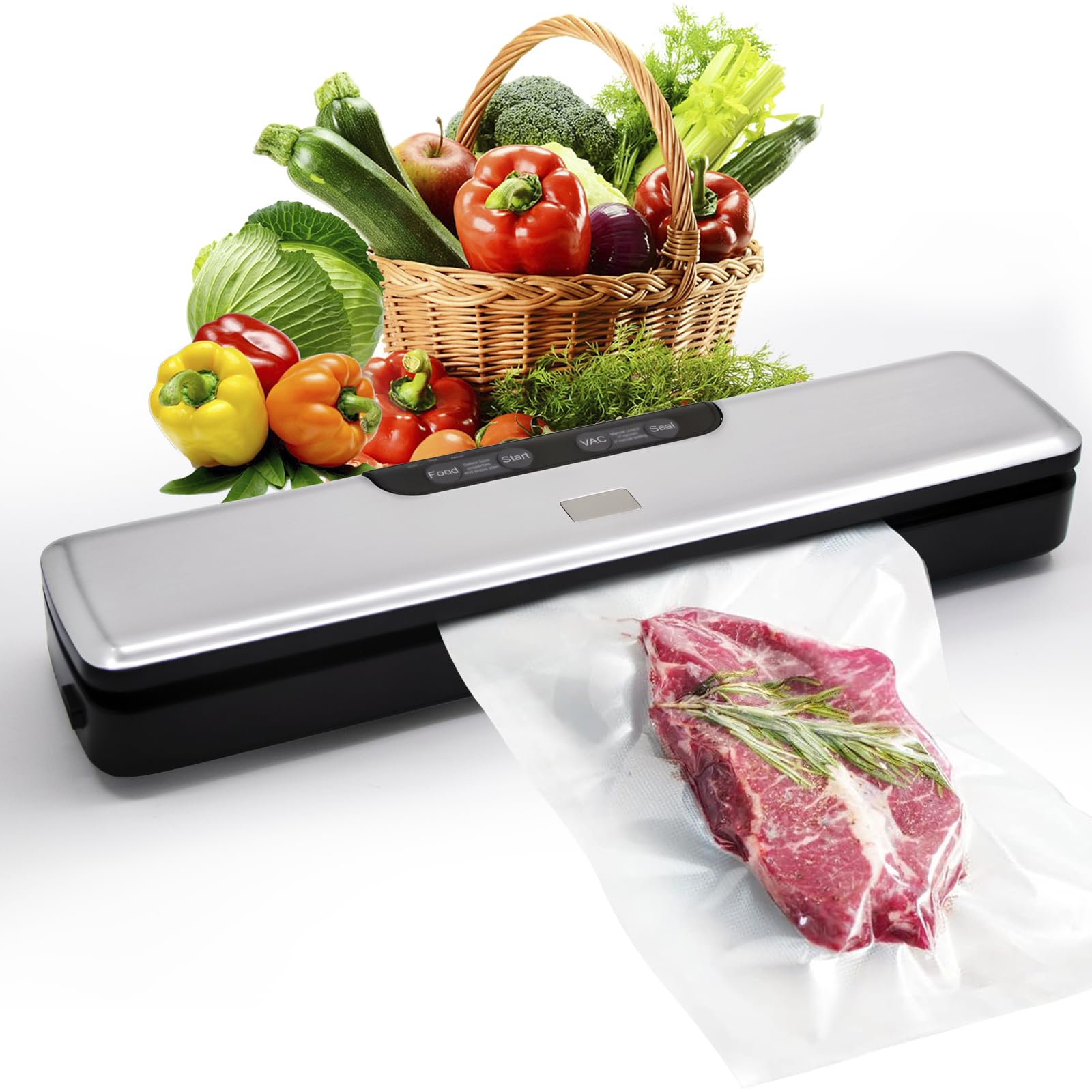 Flyfox Vacuum Sealer Machine - Strong, Multi-functional, and Fast Compact for Multi Food Storage with Low Noise, includes Vac, Sealer, Meat, Dry, Soft, 5 Modes with Vacuum Seal Bags