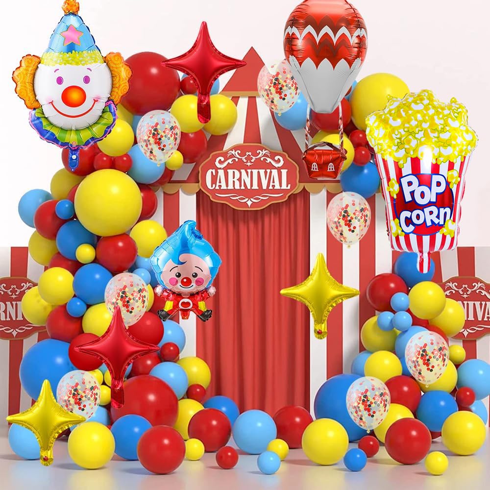 VinTS Carnival Circus Balloon Garland Arch Kit,113Pcs Red Blue Yellow Carnival Balloon,Clown&Popcorn&Hot Air Balloon,Confetti Balloons for Birthday Parties,Carnivals Circus Themes,Graduation