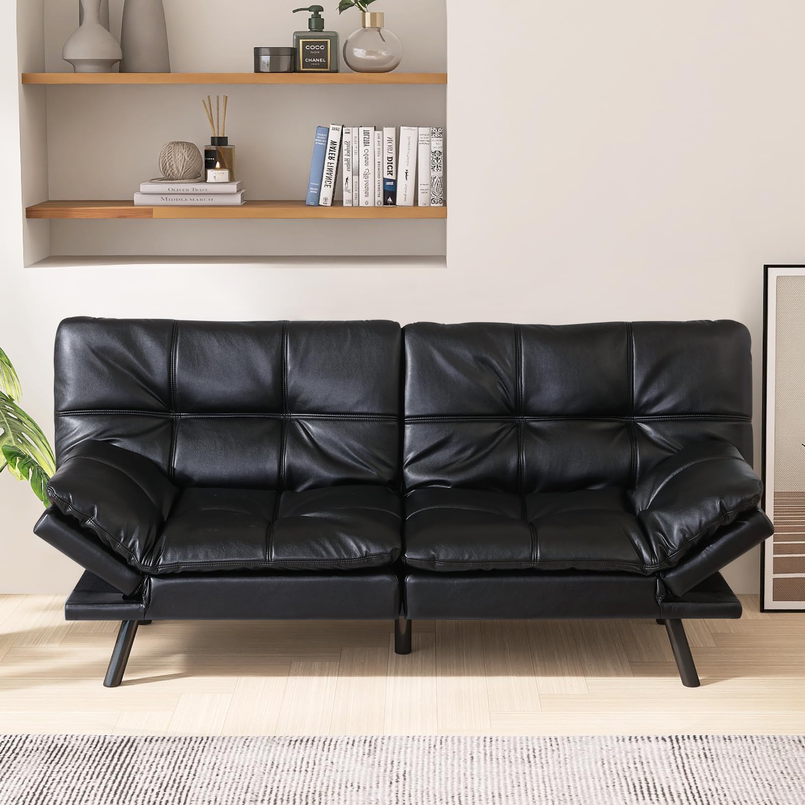 Hcore, Convertible Sleeper, Memory Foam Futon Couch,Loveseat Bed,Small Splitback Modern Sofa Sofabed, Standard Black