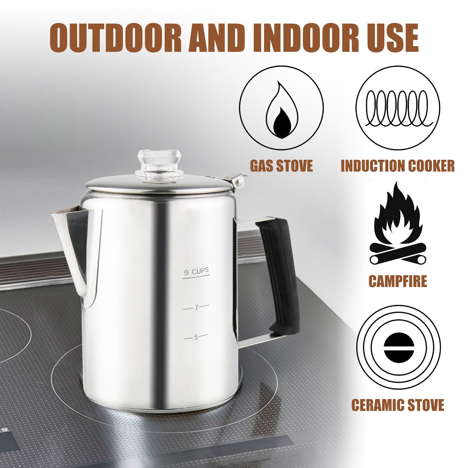 APOXCON Multi Use Percolator Coffee Pot Stainless Steel Stove Top Coffee Maker with Two Borosilicate Glass Knob Silica Handle Camping Coffee Pot Using on Campfire Stove & Induction Cooker Silver 9 Cup