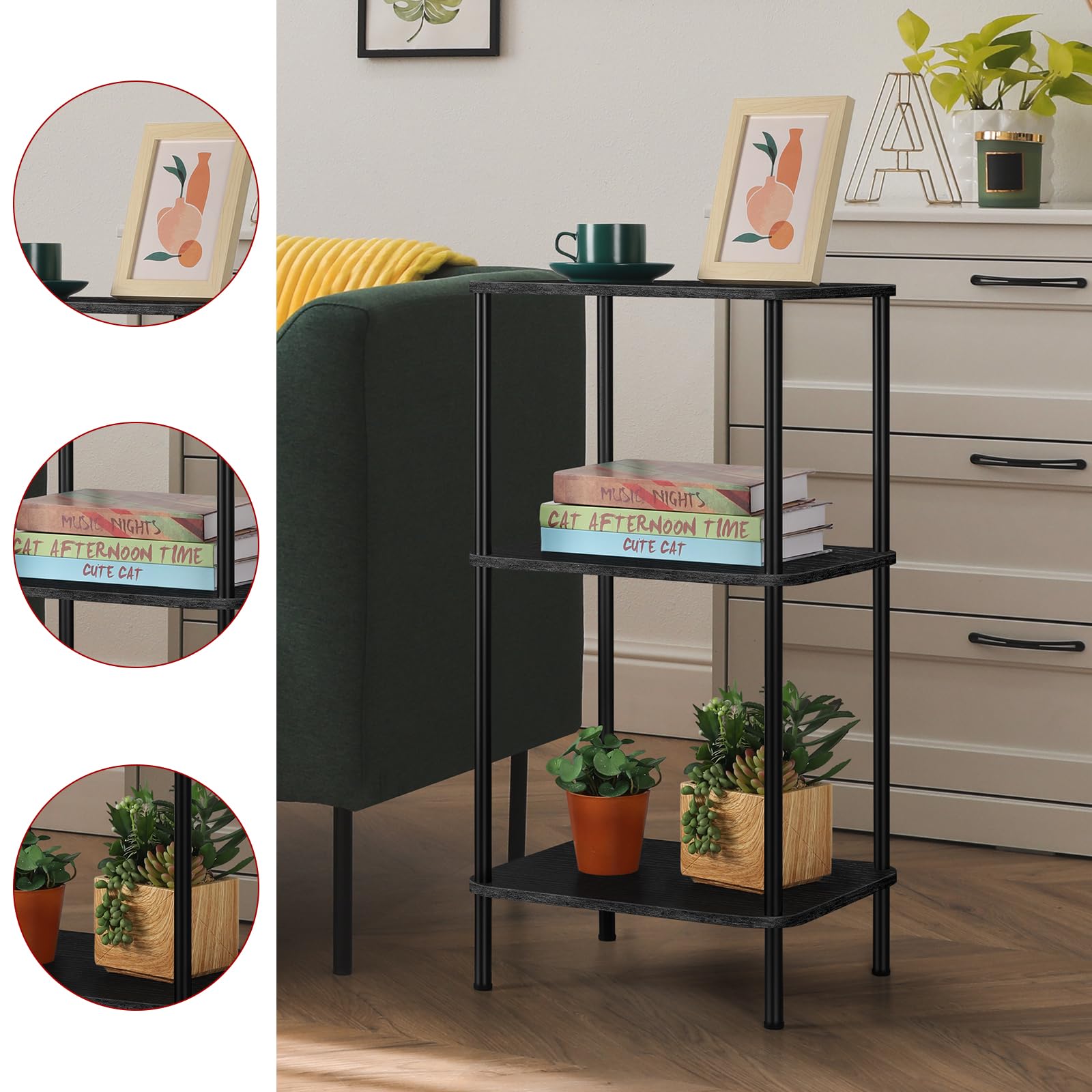 smusei 3 Tier Small End Table Tall Telephone Table with Storage Shelves Black Side Table for Small Spaces Tall Night Stand Table for Bedroom, Living Room, Office, Sofa Couch