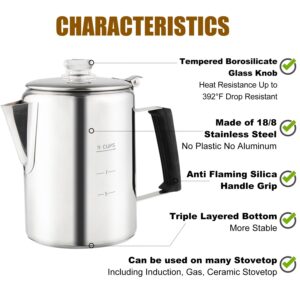 APOXCON Multi Use Percolator Coffee Pot Stainless Steel Stove Top Coffee Maker with Two Borosilicate Glass Knob Silica Handle Camping Coffee Pot Using on Campfire Stove & Induction Cooker Silver 9 Cup