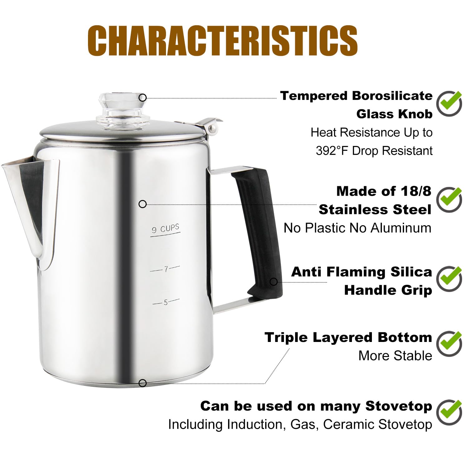 APOXCON Multi Use Percolator Coffee Pot Stainless Steel Stove Top Coffee Maker with Two Borosilicate Glass Knob Silica Handle Camping Coffee Pot Using on Campfire Stove & Induction Cooker Silver 9 Cup