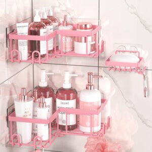 youvip shower caddy corner，3 pack corner adhesive shower caddy，stainless steel bathroom shower organizer with hooks & soap holder，shower shelves no drilling for bathrrom，pink