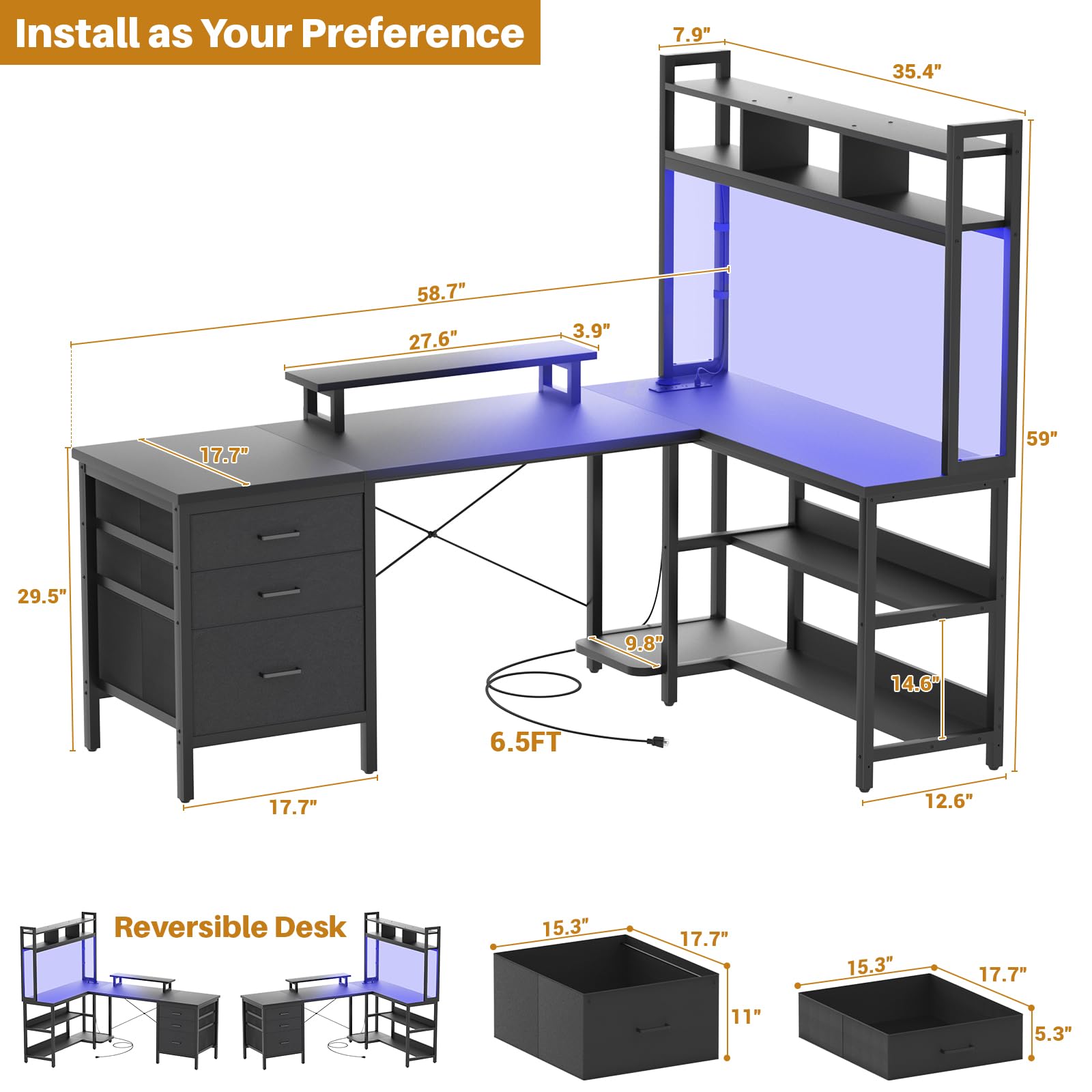 Aheaplus L Shaped Desk with Hutch, Gaming Desk with Led Lights, Reversible Computer Desk with Power Outlet, Corner Desk with File Drawer & Monitor Stand, Storage Shelves for Home Office, Black