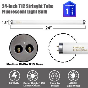 Konideke 24 Inch T12 Fluorescent Tube Light Bulb 20 Watt Cool White, F20T12/CW 4100K Replacement for F20T12/CW/ALTO, F20T12/CW/ECO, F20T12/SP41/ECO G13 Base 1200 Lumens 4 Counts