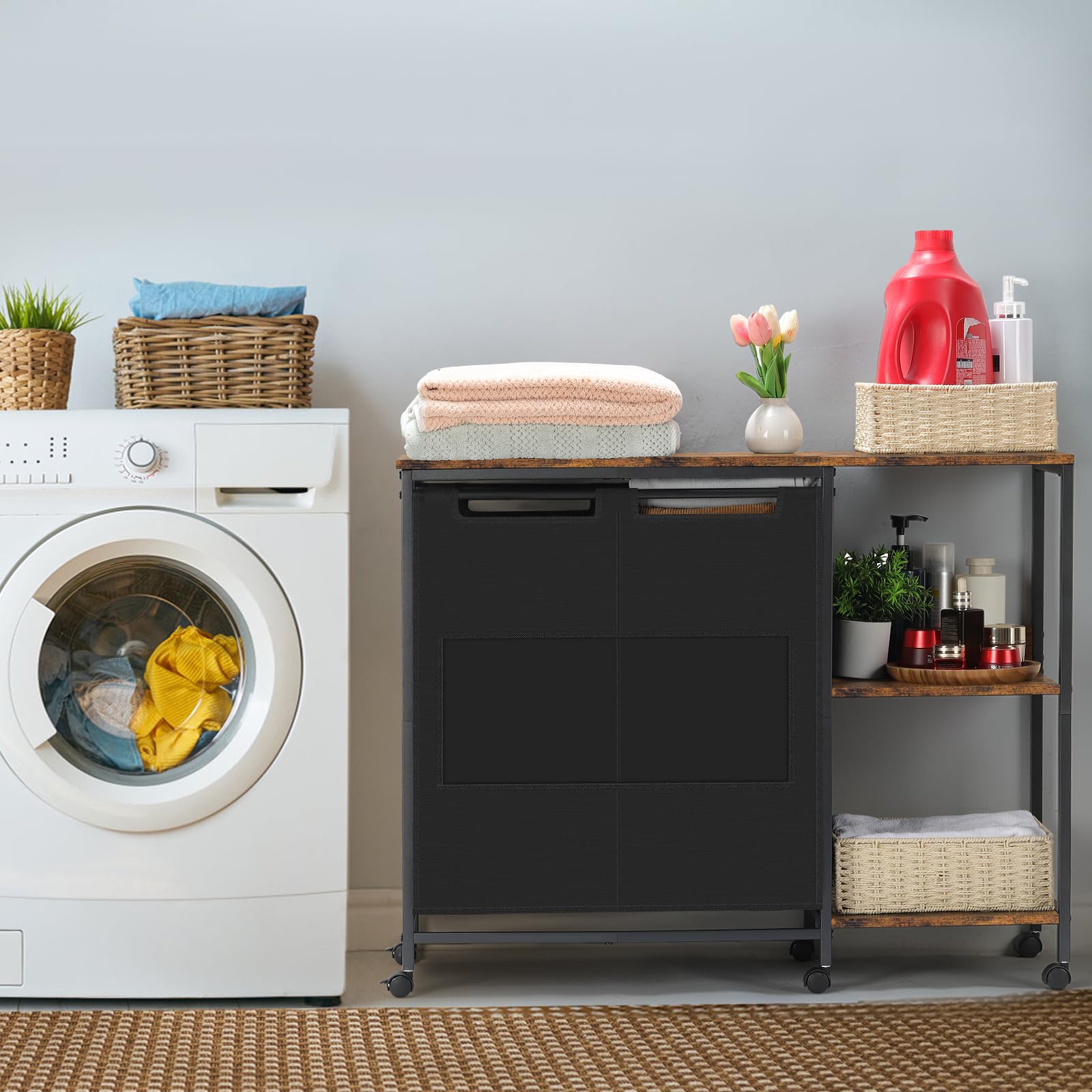 Laundry Hampers with Rolling Wheels,Laundry Sorter Basket with Wooden Shelf, Clothes Basket Hamper Organizer with Lid for Bathroom, Bedroom,Laundry Room,Rustic Brown