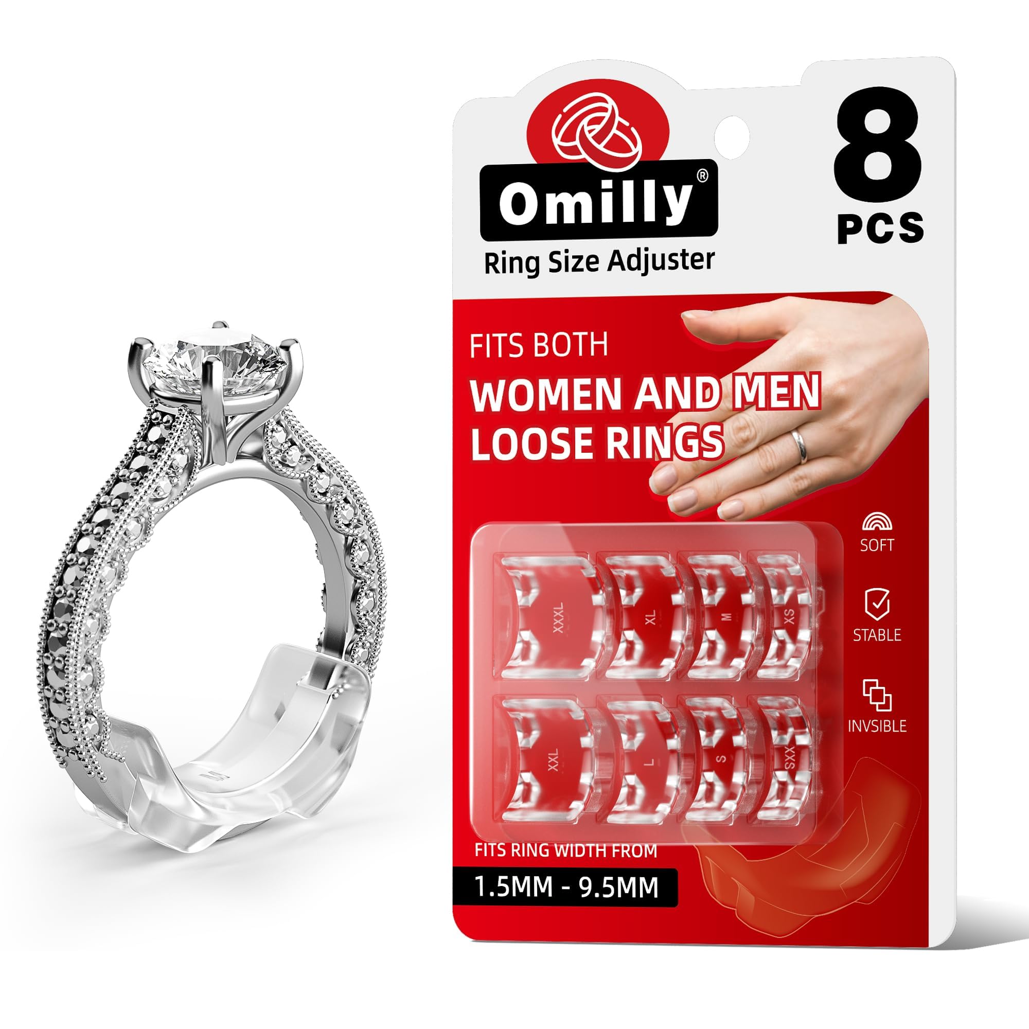 Omilly Ring Sizers for Loose Rings,8 Pack 8 Sizes Ring Guards,Silicone Ring Size Adjuster Invisible Ring Fitter for Different Band Widths for Women and Men