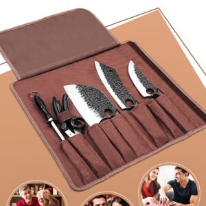 Purple Dragon 9 pcs Chef Knife Set, High Carbon Steel Hand Forged Meat Boning Carving Cleaver Butcher Knife with Accessories for Kitchen, BBQ Camping Knives Set with Roll Bag