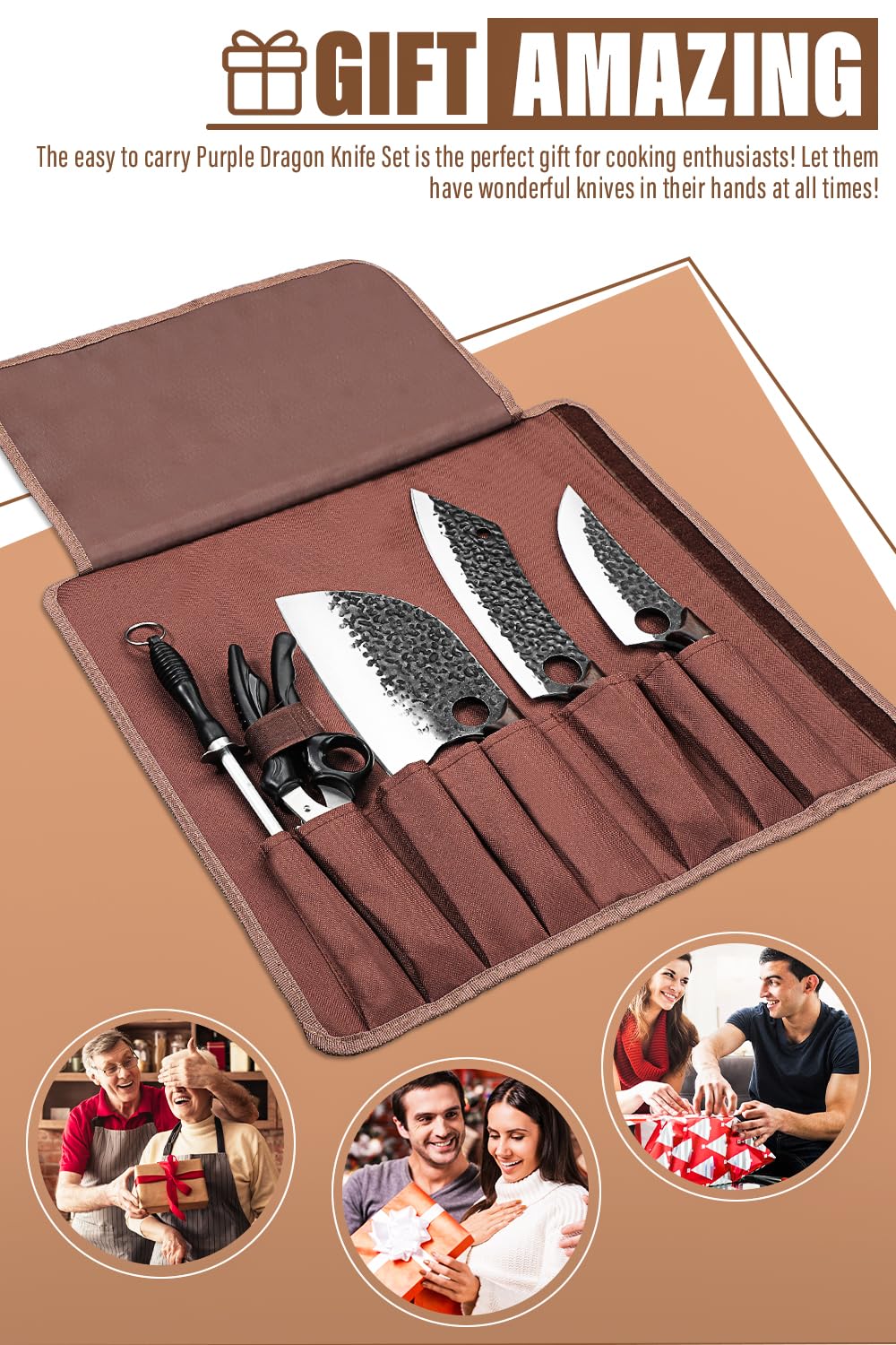 Purple Dragon 9 pcs Chef Knife Set, High Carbon Steel Hand Forged Meat Boning Carving Cleaver Butcher Knife with Accessories for Kitchen, BBQ Camping Knives Set with Roll Bag