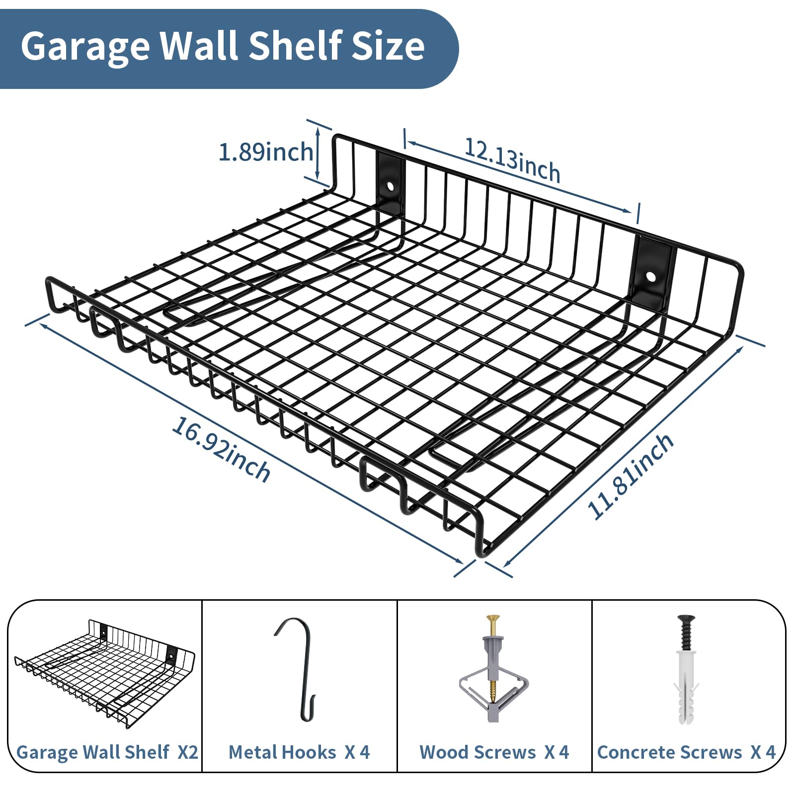 2 Pack Garage Wall Shelf, Wall Mounted Storage Shelves, Heavy Duty Metal Shelves for Room Wall, Loads 130 LBS Floating Shelves Mesh Storage Rack for Garage, Office, Basement,Wall Cabinet and Kitchen