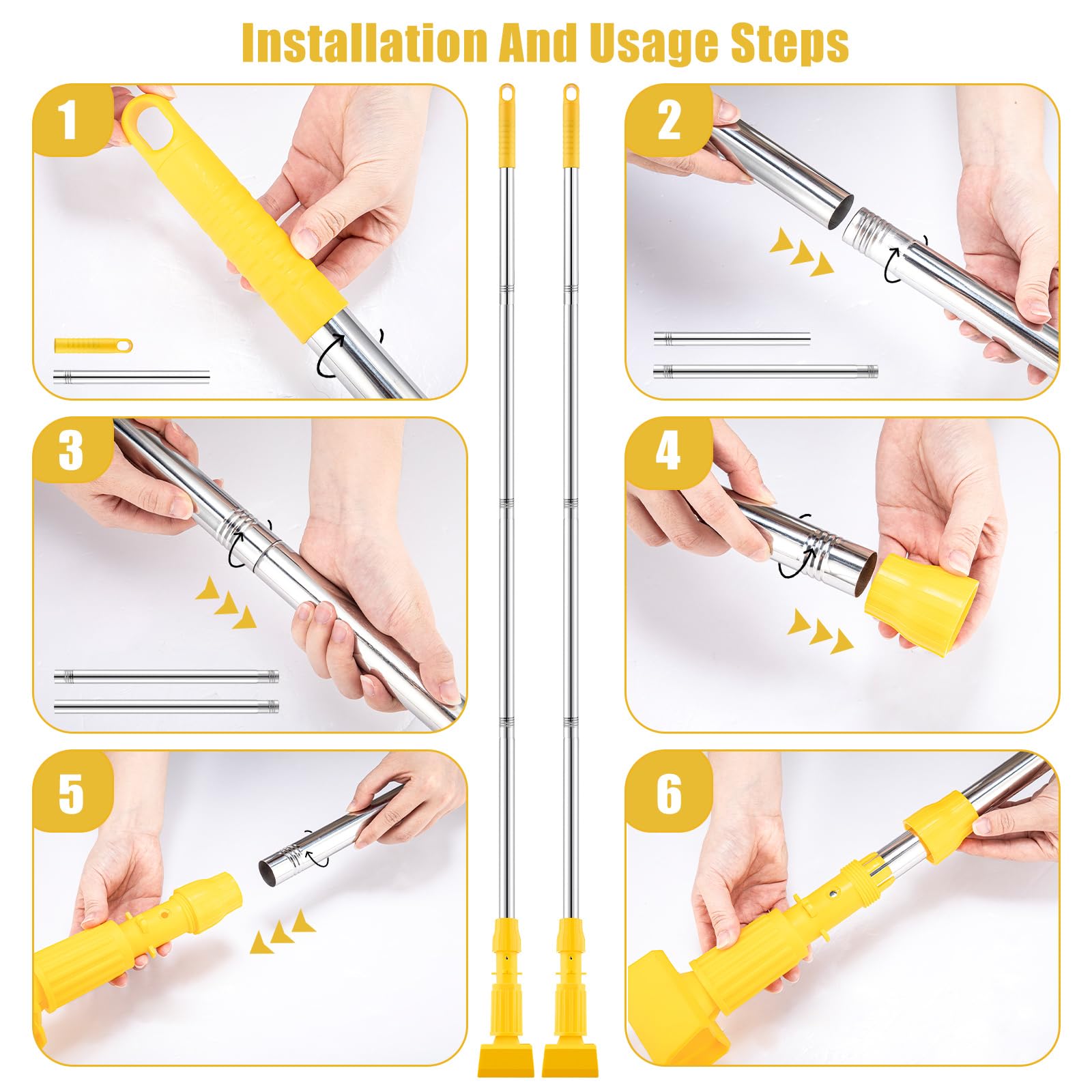 Nuogo 10 Pcs Mop Handle Commercial Heavy Duty 62 Inch Metal Mop Stick Replacement Yellow Replaceable Mop Stick with Jaw Clamp for Industrial and Household Floor Cleaning(Mop Head Not Included)