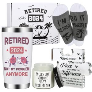 Retirement Gifts for Women- Retired 2024 Not My Problem Anymore Gift Baskets Happy Retirement Gifts for Her Female Colleague Leader Boss Teacher Mom Nurse Friend Coworker Retirement Tumbler Set