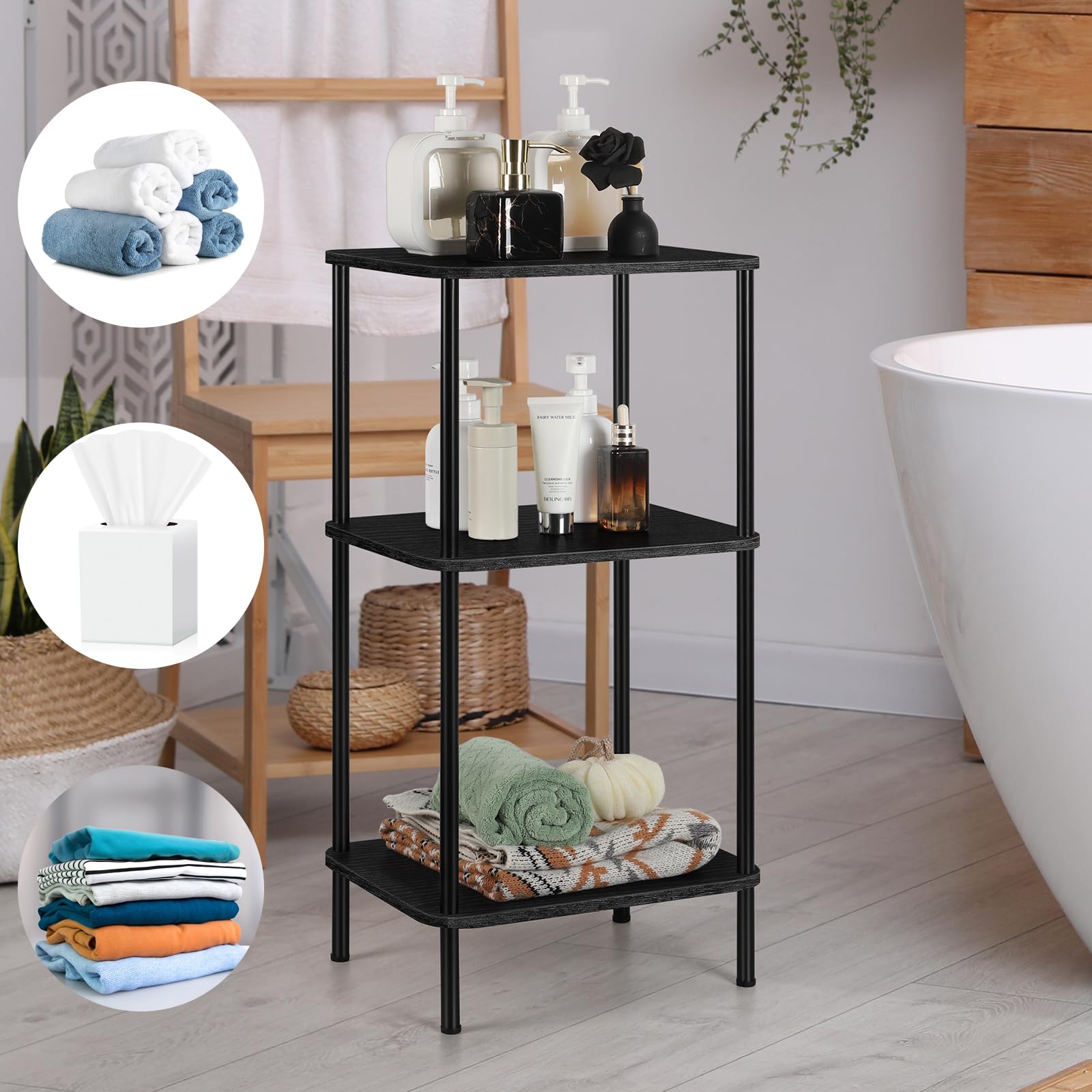 smusei 3 Tier Small End Table Tall Telephone Table with Storage Shelves Black Side Table for Small Spaces Tall Night Stand Table for Bedroom, Living Room, Office, Sofa Couch