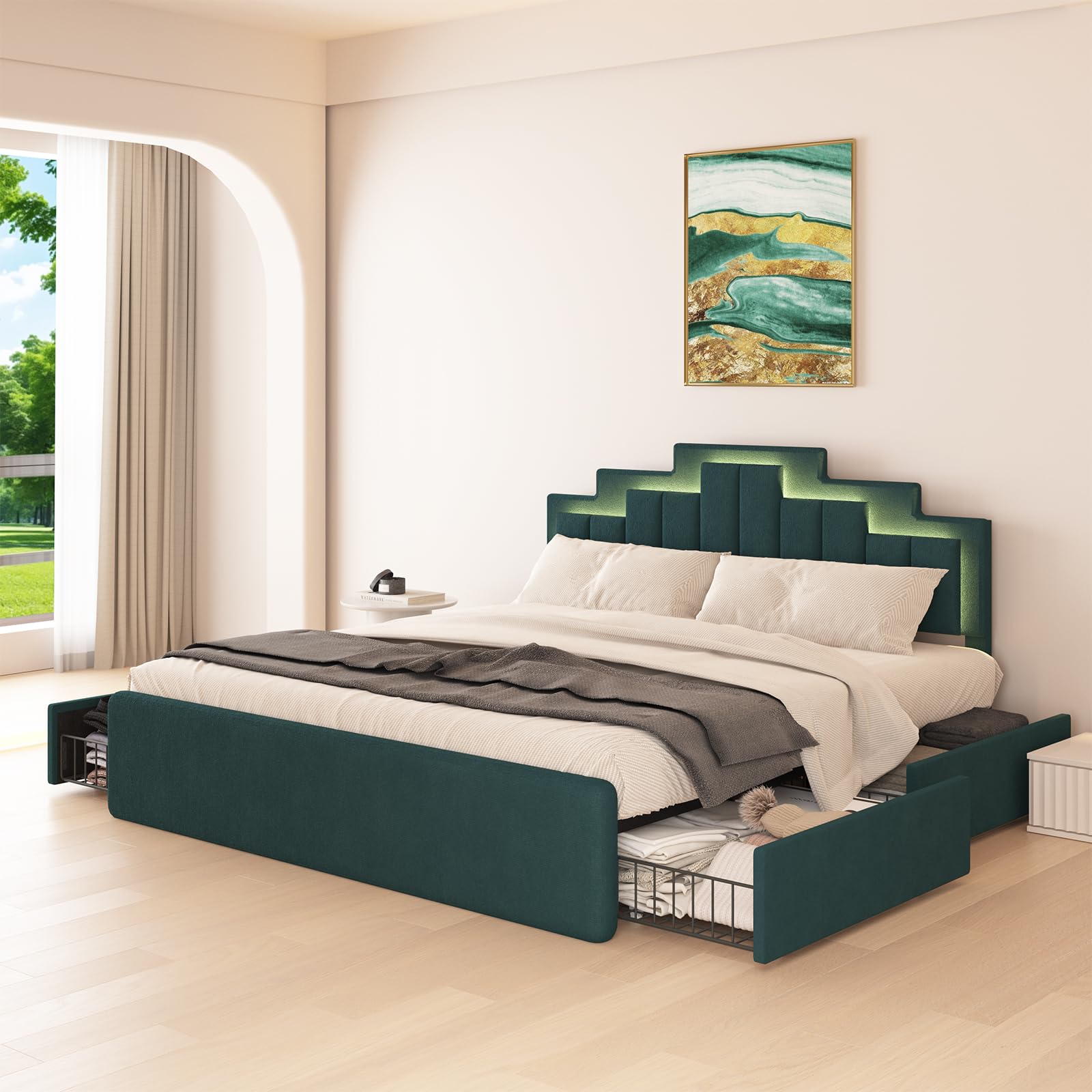 Kallabe King Size Bed Frame with 4 Storage Drawers, Upholstered Platform Bed with LED Light and Adjustable Headboard, Wooden Slats Support, No Box Spring Needed, Light Luxury Design，Dark Green