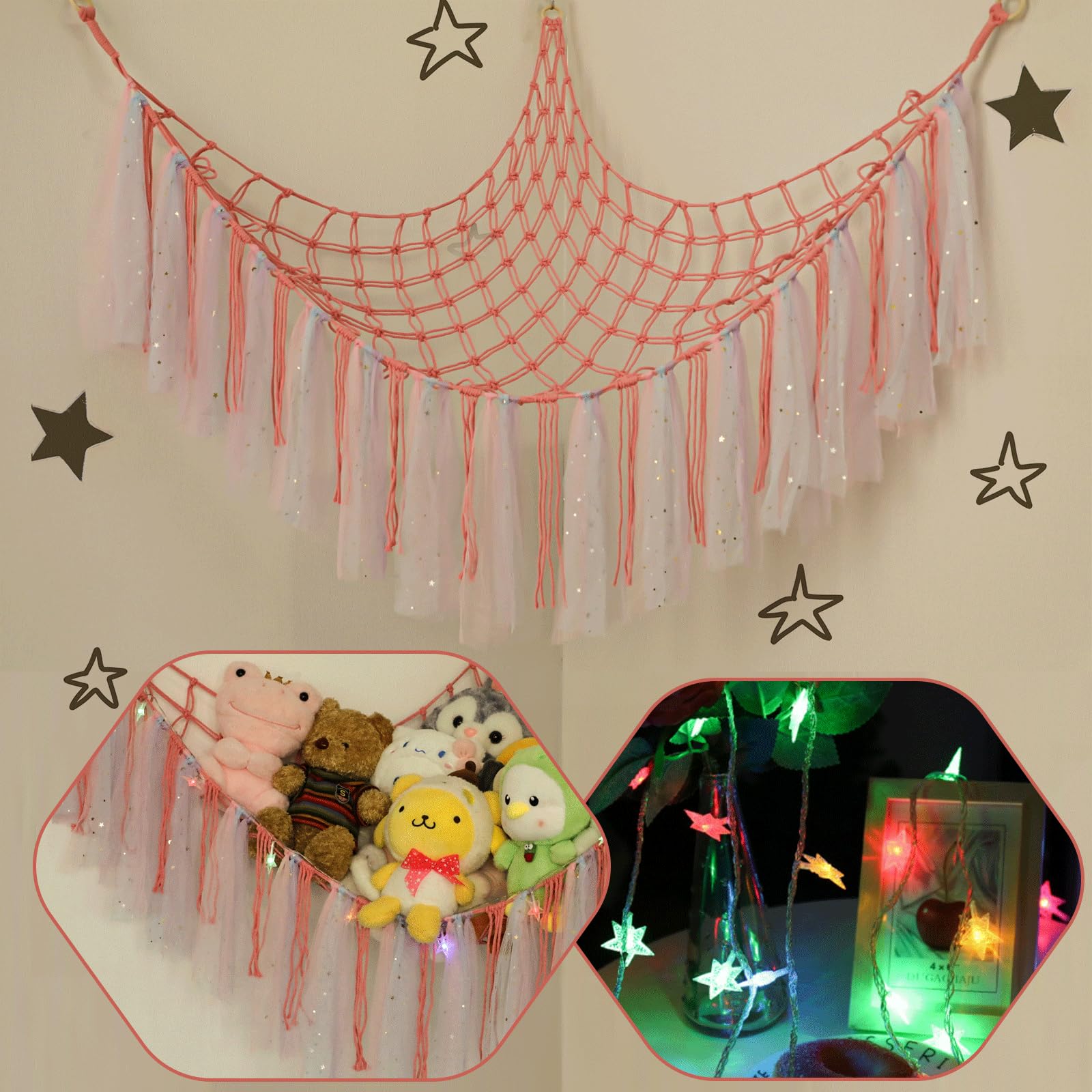 YELIENM Stuffed Animals Net or Hammock with LED Light, 59 inch Toy Hammock Net for Stuffed Animals Corner Hanging Stuffed Animal Storage Stuffed Animal Holder for Nursery Kids Bedroom… (Dark Pink)